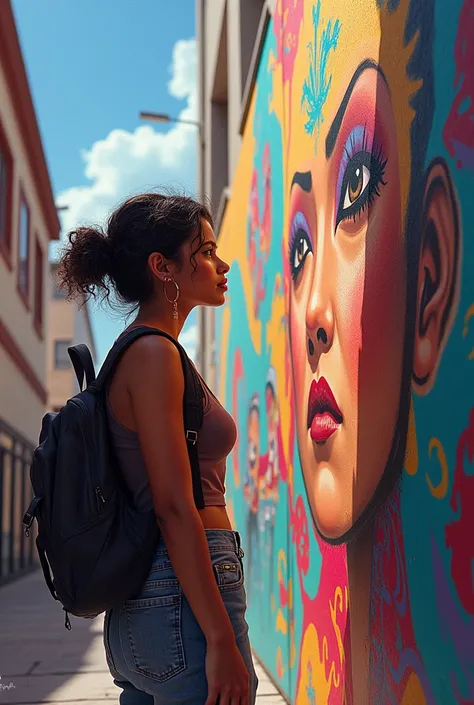 Mousumi looking at her mural proudly, with an expression of determination and a vision of new possibilities.