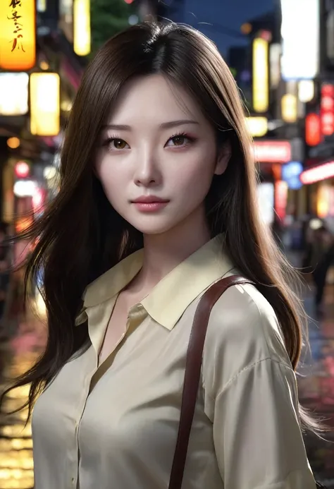 1 woman, , is Japanese, is inside a city at night, wears a modest dark yellow blouse, feminine white gray eyes, clear and detailed skin, , very long straight dark brown hair, , dramatic lighting, cinematic composition, dark palette, dark colors, atmospheri...