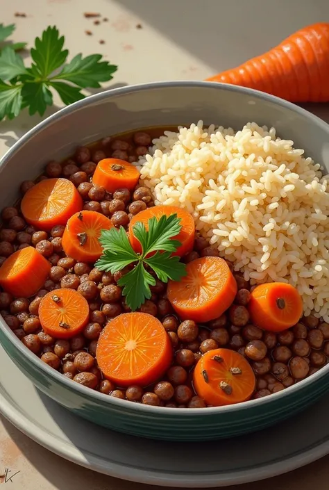 drawing of a lentil stew with carrots and a plate of brown rice