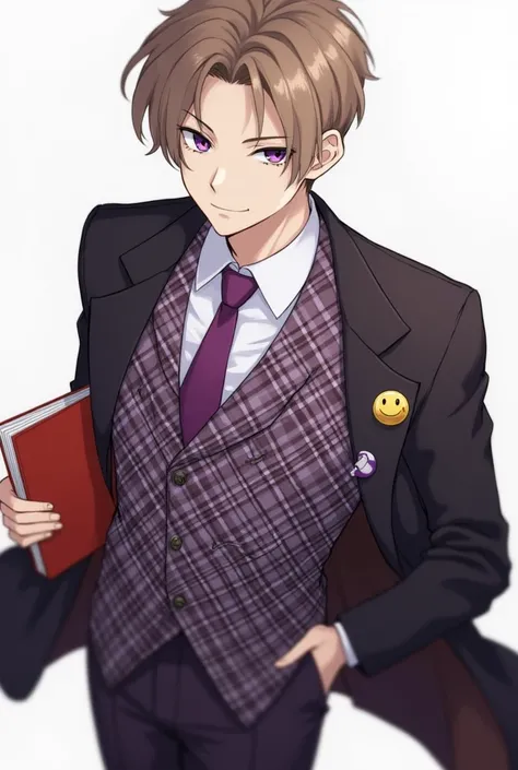 Brown-haired man。His short hair is very outward-swept, primarily to the right。He has a squinty but slightly upward-slanting gaze with amethyst-purple eyes。He is wearing a suit that gives off a stiff atmosphere。He is wearing a white dress shirt with a plain...