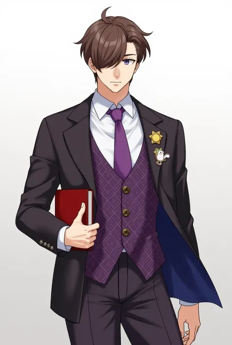 Brown-haired man。His short hair is very outward-swept, primarily to the right。He has a squinty but slightly upward-slanting gaze with amethyst-purple eyes。He is wearing a suit that gives off a stiff atmosphere。He is wearing a white dress shirt with a plain...