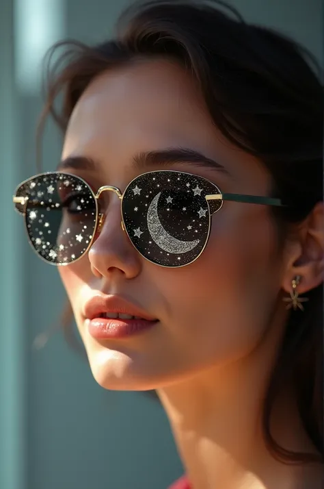 The model is wearing glass sunglasses with stars and the moon on the glass sexsi