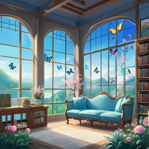 landscape。Fantasy、Lots of blue butterflies々、Glowing Butterfly、library、Large windows、A garden with beautiful flowers blooming