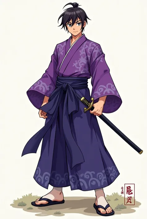 (illustrator) sketsa anime, samurai, kimono, blurple, front position, full body, boy, age 18