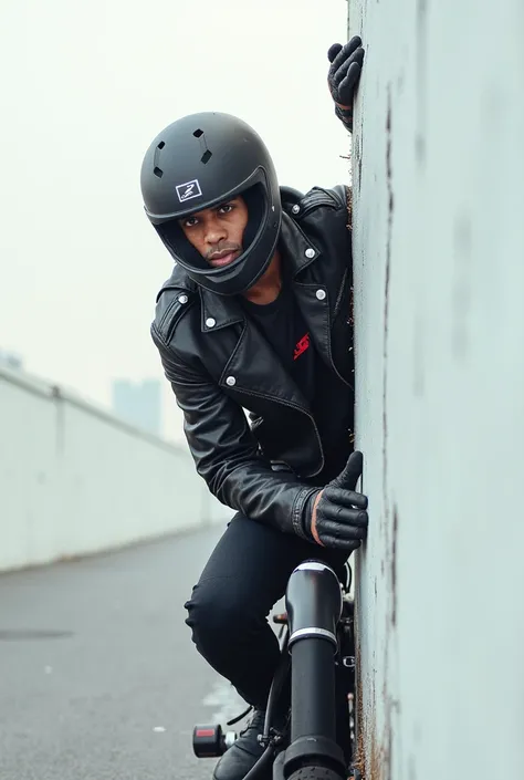 "A biker on a transparent background, looking through the edge of the screen as if peering through the fourth wall. The image must be vertical, with the biker on the left edge, showing head and part of body, while the background should be simple to highlig...