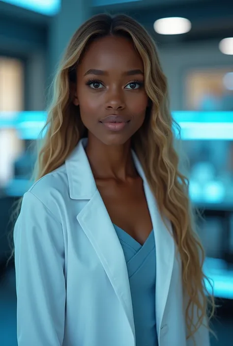 hyper realistic portrait of skai Jackson, dark skinned black girl, 19 years old, with long blonde hair and brown eyes. She should have a natural, approachable expression and be lit by soft, blue light, canon eos r5, raw format, wearing detailed lab coat, s...