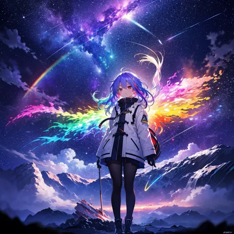 ((Fantasy　Rainbow Hair　髪の内側をRainbow colorsに染める　Long Hair　Dull red eyes,Center close-up　Has a galaxy　uniform　Put on a coat without putting your arms through it,View from the front　Lonely　despair))　((tears　gloves))　(Broken glass　Distorted space-time, explodi...