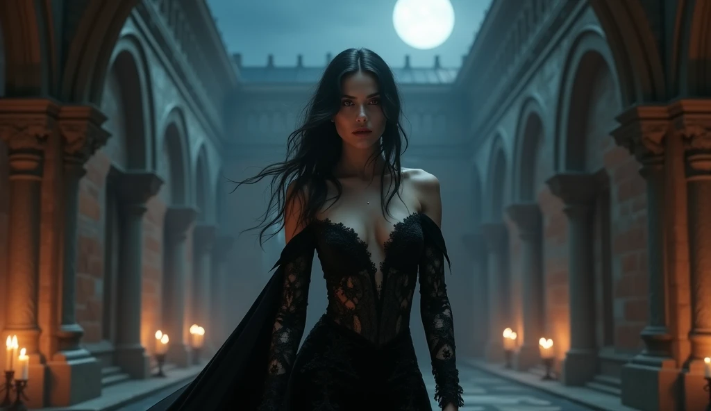 A seductive vampire with piercing red eyes and long, dark hair, standing under the pale moonlight in an ancient gothic courtyard. She wears a form-fitting, black velvet gown with intricate lace detailing, and her sharp fangs glisten as she whispers into th...