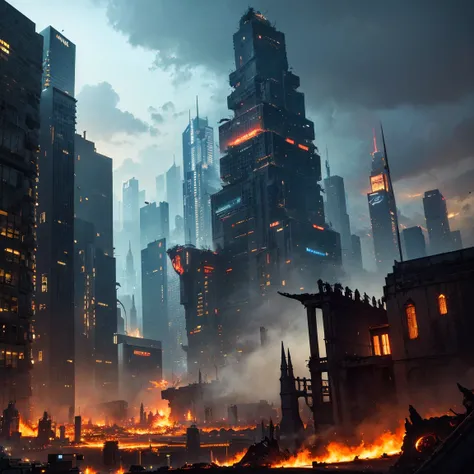 A futuristic, dystopian cityscape with towering skyscrapers, some crumbling and engulfed in flames, set against a dark, stormy sky. In the distance, majestic dragons soar through the air, their scales gleaming under the dim light. The landscape has a mix o...