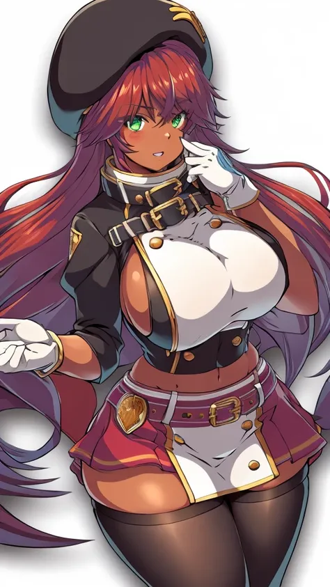 High detailed, masterpiece, High detailed, 1 girl, solo, red hair, yellow fringes, tanned skin , dark Green eyes, big busty, big buson, firm curvy body white shirt, , deep cleavage, Juliet sleeves, pencil skirt, black thighhighs, white gloves, tall, seriou...