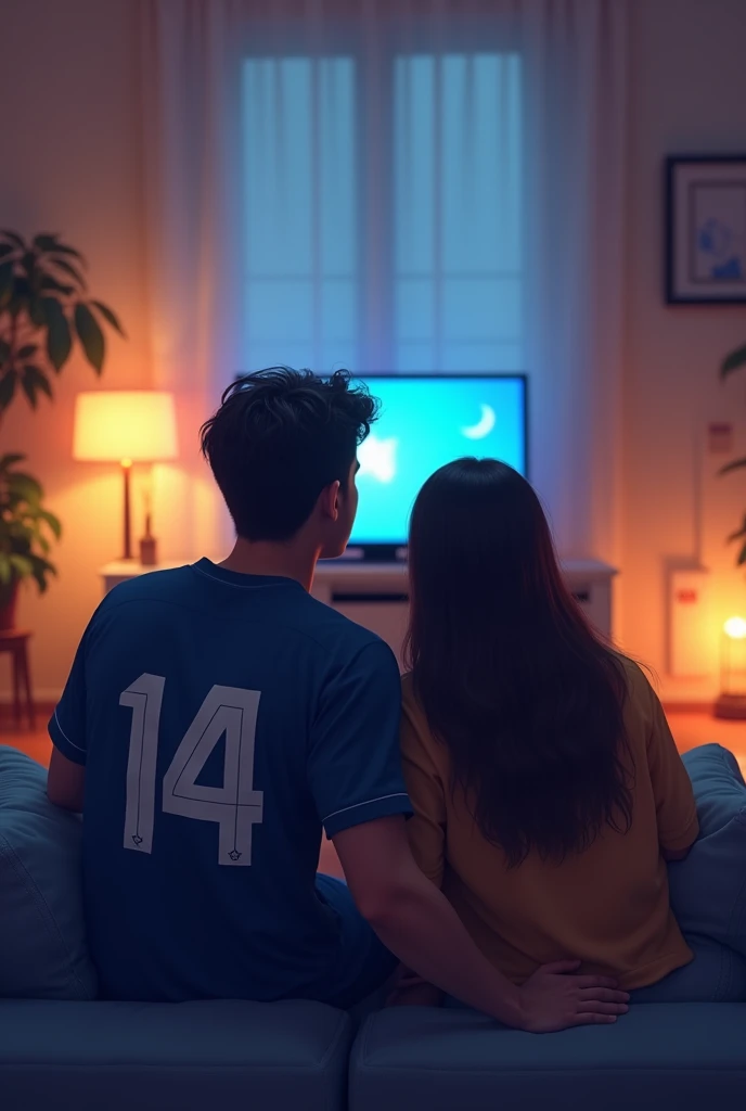 A couple watch television, the name is Arefin and the girl name is Mithila. They are wearing a jersy which number is. 14