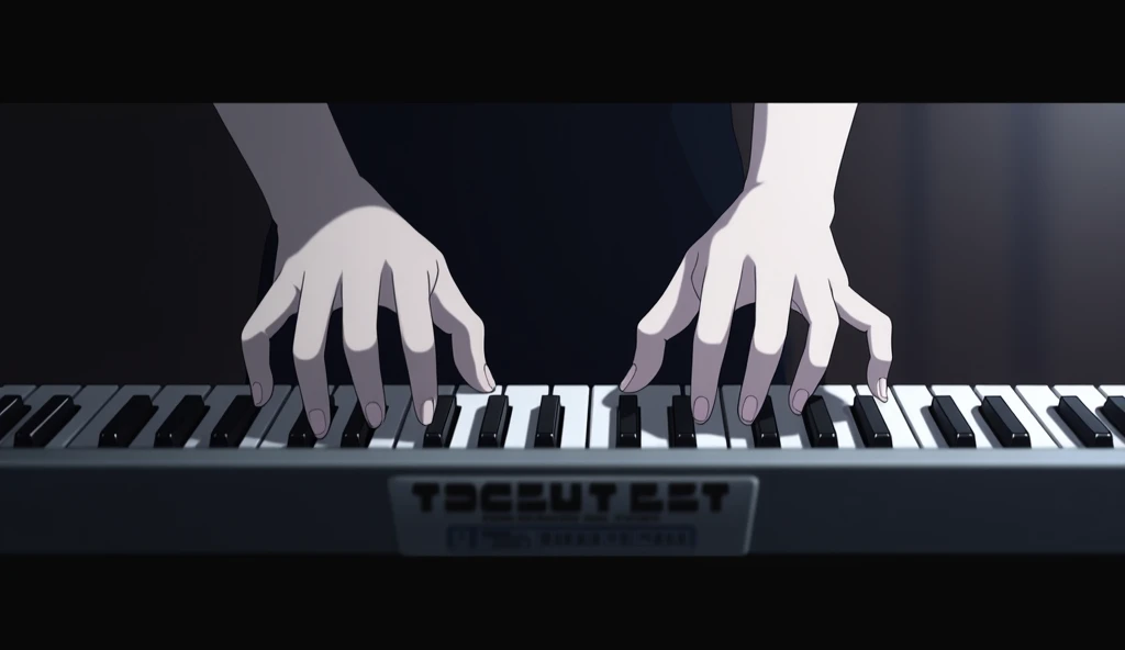 Close-up of hands playing the keyboard,Girls hands,White skin,No sleeves,Pale white light,Dark Room,Anime Style,animation,Japanese anime,High resolution, 