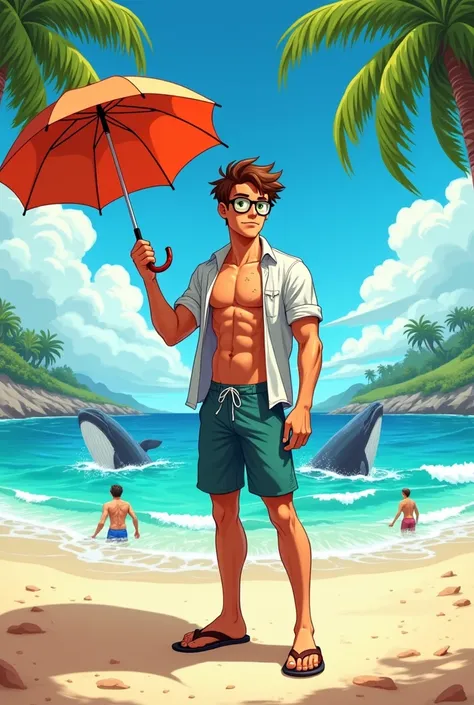 This image needs to be a Cartoon of a tanned teenager with a muscular body, Green eyes wearing glasses. He has brown hair, he is all sweaty with his shirt ripped revealing his entire chest. He is wearing swimming shorts and flip flops, holding an umbrella ...