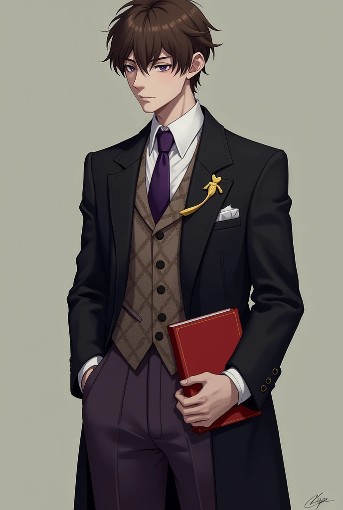 Brown-haired man。His short hair is very outward-swept, primarily to the right。He has a squinty but slightly upward-slanting gaze with amethyst-purple eyes。Having eyes that appear listless、lack much expression。He is wearing a suit that gives off a stiff atm...