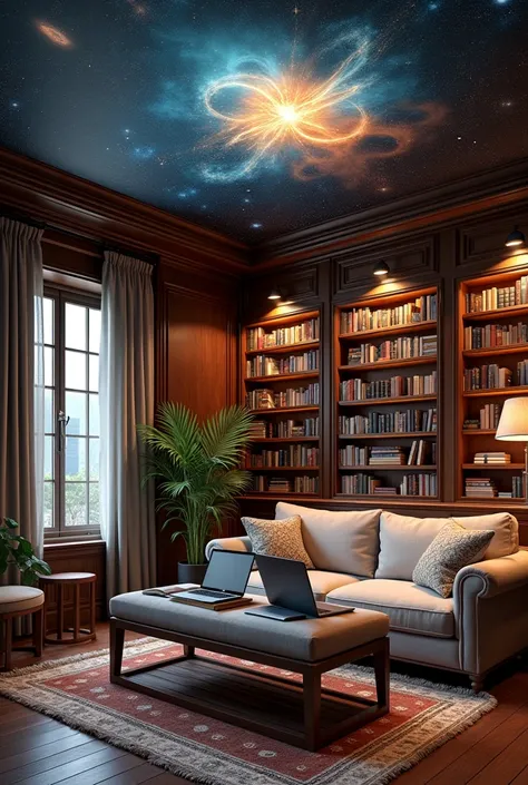 Generate an image of a home library with the following items:
Bookshelves and books
A bench with two laptops
A sofa with pillows
A bed
A ceiling with a universe theme.