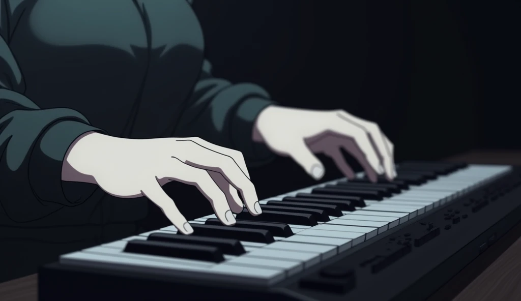 Close-up of hands playing on a desktop keyboard,Girls hands,White skin,No sleeves,Pale white light,Dark Room,Anime Style,animation,Japanese anime,High resolution, 