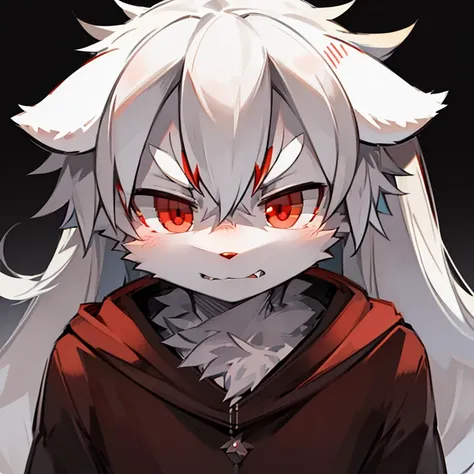 solo, white furry, male kemono, thick white hair, red eyes, white eyebrows, psychopathic soul, easy to get angry, (high quality), 4K, Hd, Upscale, masterpiece, (dark evironment 0.8)