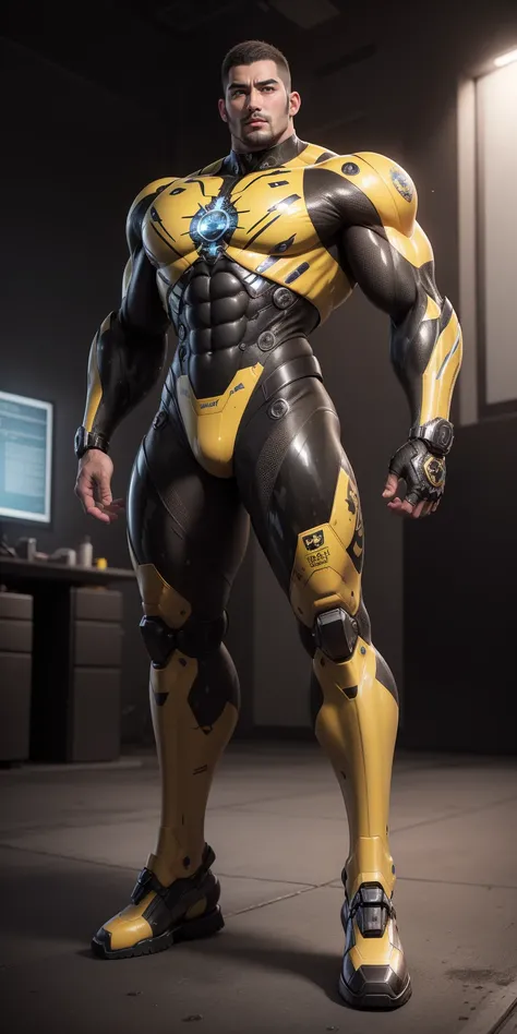 Tall giant muscular police officer，Buzz Cut，Very long legs，Yellow and black camouflage patterned nano mecha，Honeycomb pattern，Lightweight texture，Character Concept（Resident Evil - Chris Redfield，Chris Redfield）senior police officer，Small grid texture，Regul...