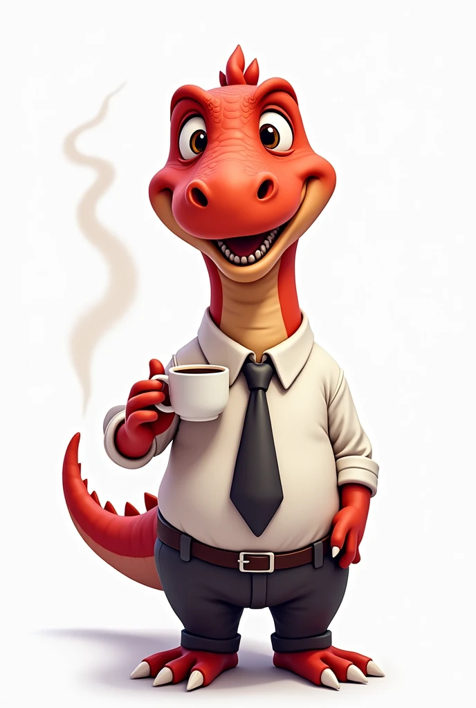 Happy red dinosaur wearing office clothes drinking coffee on a white background 