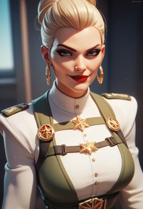 (masterpiece) (best quality) (detailed face) (8k) (sharp focus), 1 military woman, aged woman, wide smirk, red lipstick, badass and cool
