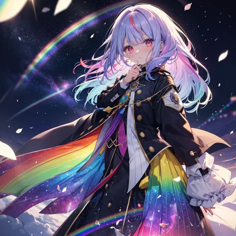 ((Fantasy　Rainbow Hair　髪の内側をRainbow colorsに染める　Long Hair　Dull red eyes,Center close-up　Has a galaxy　uniform　Put on a coat without putting your arms through it,View from the front　Lonely　despair))　((tears　gloves))　(Broken glass　Distorted space-time, explodi...