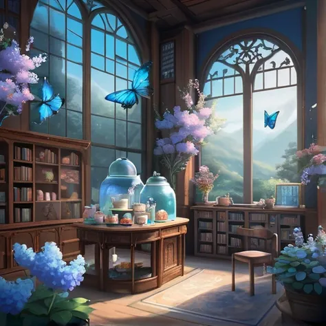 landscape。Fantasy、Lots of blue butterflies々、Glowing Butterfly、Old Library、Large windows、A garden with beautiful flowers blooming、A counter with tea and sweets