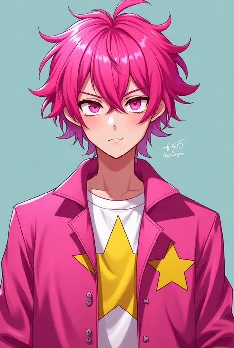 white male, AT 20 YEARS OLD, messy shocking pink hair, bright shocking pink eyes, wearing a pink jacket with a yellow star in the middle