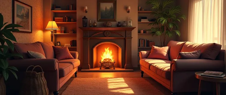 a well-lit living room with a fireplace and sofa, natta, cozy home background, detailed lighting and textures, cozy living room background, cozy place, cozy wallpaper, cozy and calm, cozy envirnment, cozy envirnment, Detailed textures and lighting, cozy ro...