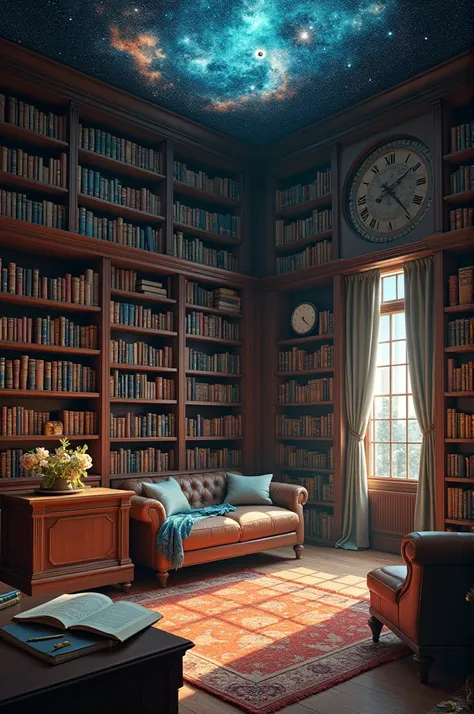 Generate an image of a home library with the following items:
Shelves and books Counter with two notebooks Sofa with cushions Bed Ceiling with universe theme.