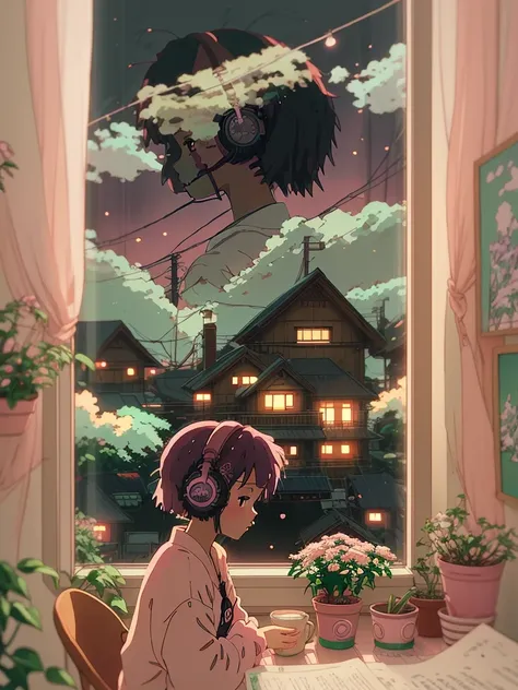 anime style, (dreamlikeart), (soft focus), cozy room setting, girl with headphones, [(lofi beats:1.3)|ambient music], (anime art...