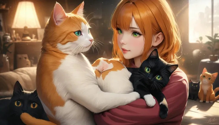 Two beautiful cats, Black cat, Orange Cat, A cat with green eyes, Cats hugging, Magical atmosphere, Cute atmosphere, masterpiece, Highest quality, 8k, Very detailed, Realistic, photoRealistic, Studio Lighting, Vibrant colors