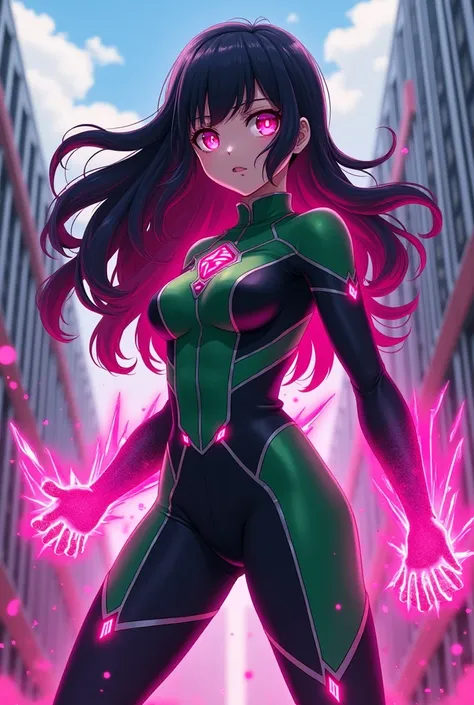 Create a character in the style of the Boku no Hero Academia anime with long, black, layered hair and straight bangs., magenta eyes, Medium-sized, uniform, green and black hero with a special magenta crystal ability