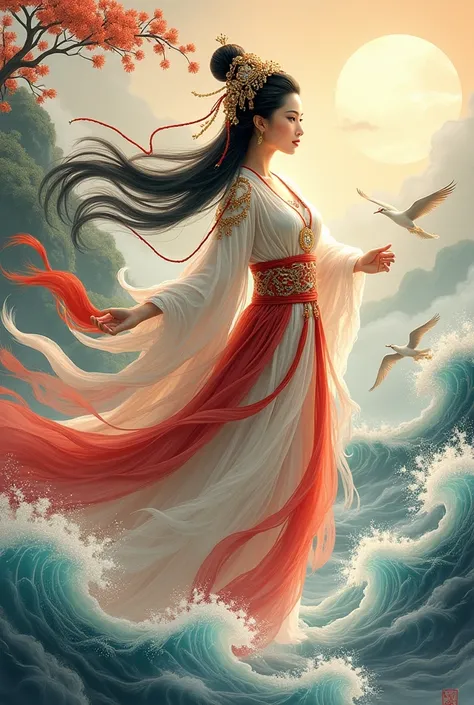 A beautiful woman dressed in Tang Dynasty attire，In a Chinese landscape painting。She wears a magnificent headdress made of jewels and feathers，The colorful ribbons on her clothes flutter in the wind，Her posture is graceful and elegant，Like a nimble dragon。...