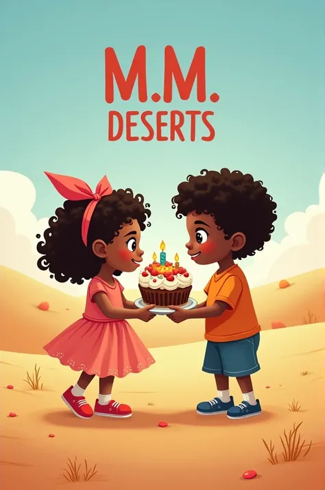 Write on image "M.M DESERTS" along with a drawing of a boy with a girl with a boat cake in their hands. both a and o must have dark skin color and curly hair