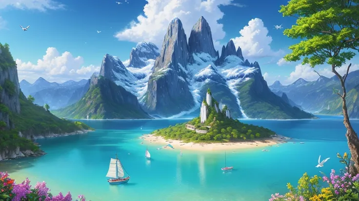 landscape, crystal clear blue water,(extremely detailed CG unity masterpiece 32K UHD wallpaper), most beautiful and colorful artwork in the world, hyper-realistic professional majestic oil painting, birds in sky, intricate, High Detail, Sharp focus, dramat...