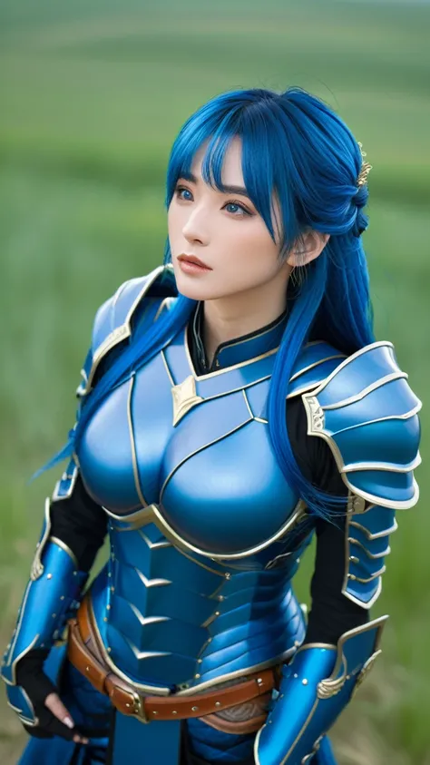 (8k, Highest quality, masterpiece, Very expensive:1.2) Photo of a Japanese person with long beautiful blue hair, Beautiful and attractive、神秘的な西洋のBlue Armorを、Looking at the audience, ((Prairie background)), (One of the young people in their 20s),(Blue Armor...