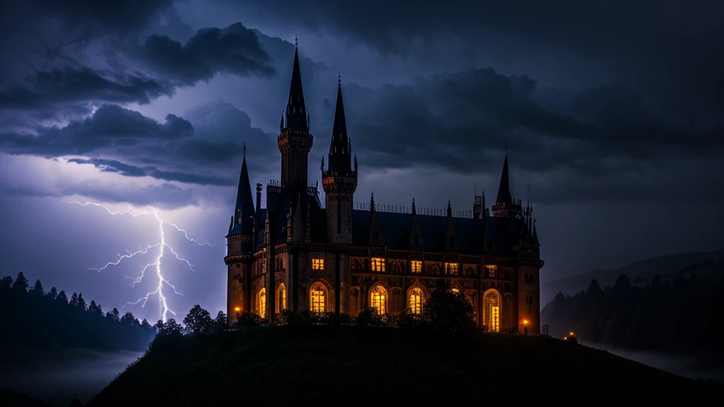 night, fog, rain, lightning, gothic castle