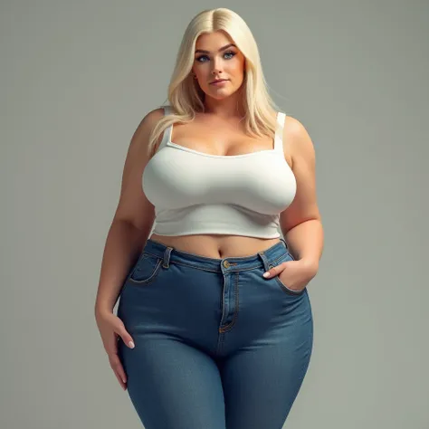 Femme, femme mature, blonde, cheveux longs et raides, yeux bleus, peau blanche, gros seins, seins énormes, gros cul, portant un haut court blanc, un jean