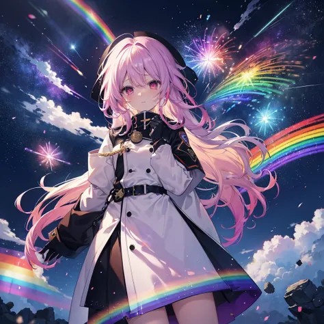 ((Fantasy　Rainbow Hair　髪の内側をRainbow colorsに染める　Long Hair　Dull red eyes,Center close-up　Has a galaxy　uniform　Put on a coat without putting your arms through it,View from the front　Lonely　despair))　((tears　gloves))　(Broken glass　Distorted space-time, explodi...