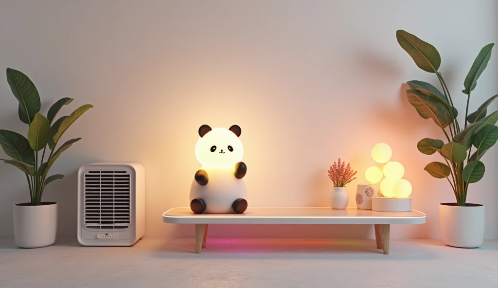 Image: A minimalist living room with a few statement pieces

- A panda-shaped lamp with a soft, warm glow on a middle of table 
A small air cooler besides the panda 
- A set of string lights with small, glowing orbs on a shelf
- A modern, sleek coffee tabl...