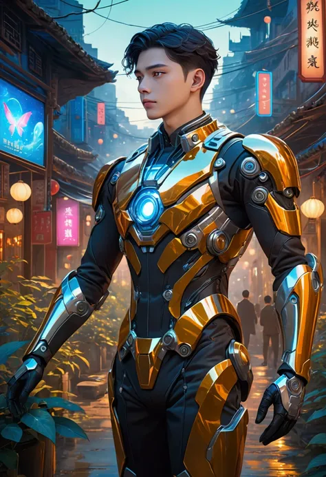 A young man, Sci-fi style suit, high-tech products, Xingcheng District, masterpiece, best quality, Extremely detailed, 