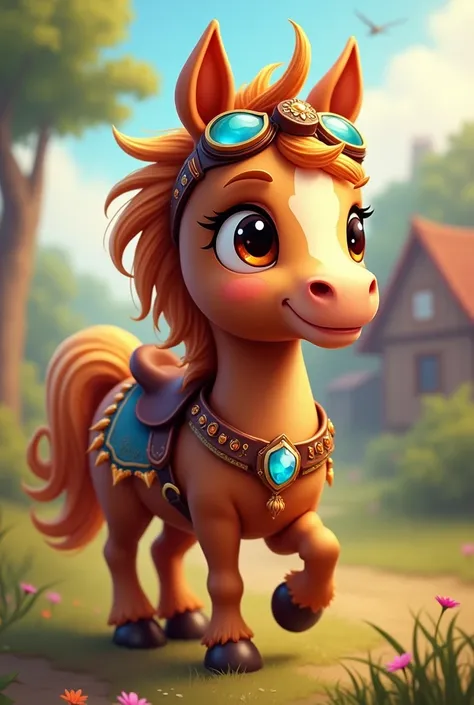 A picture of a brown pony with cool accessories 