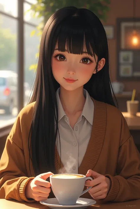 • Black long straight hair
• Around 20 years old
• Japanese woman with a clean-cut look
• Blunt bangs
• Facing forward
• Smiling
• Inside a cafe
• Drinking coffee
• From the chest up
• Realistic