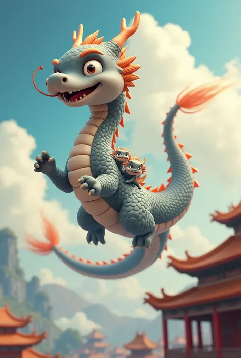 A gray Chinese dragon,huge,Warm expression,fly,with a few small dragons on its back,cute style,Chinese style in the background,Dont need wings