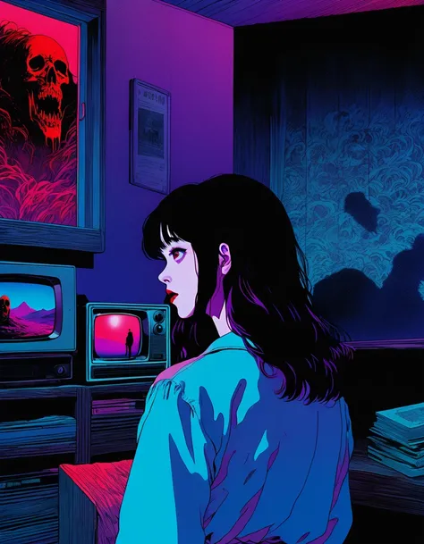 illust、art、from 80s horror movie、directed by Junji Ito、nightmare、high detail、attention to detail、realsitic shadow、Analog style、vhs style、8mm film、chromatic aberration、Dvd screengrab、Blue-purple and red-purple gradation、Surrealism、death letter