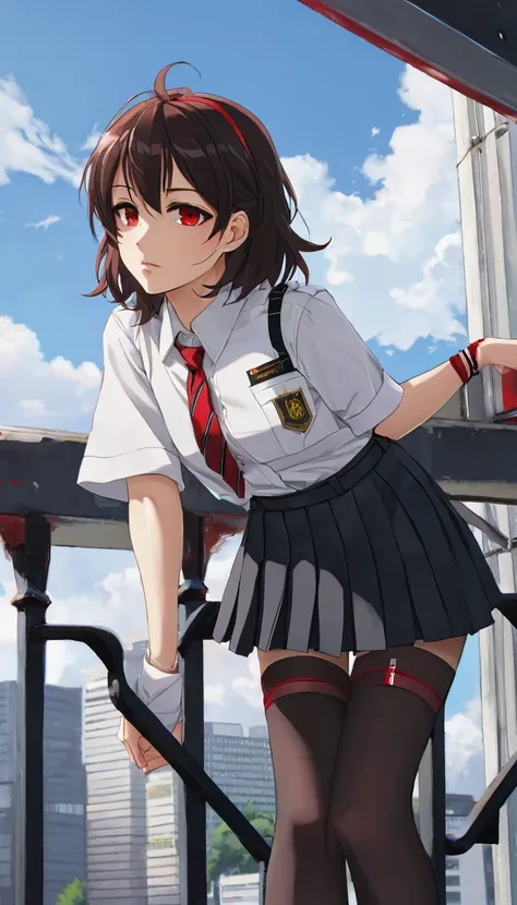 {anime girl with short, dark brown hair with red streaks, styled in a casual yet slightly messy fashion. she has red eyes and a ...