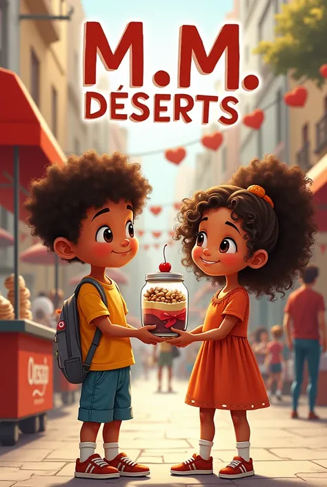 Write on image "M.M DESERTS" Along with a drawing of a boy with a girl holding a dessert jar in their hands in a street vendor setting., Both the girl and the boy should have brown skin and curly hair.