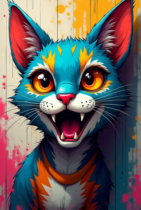 Colorful cat graffiti (only the face) with a P9 embedded in its face 