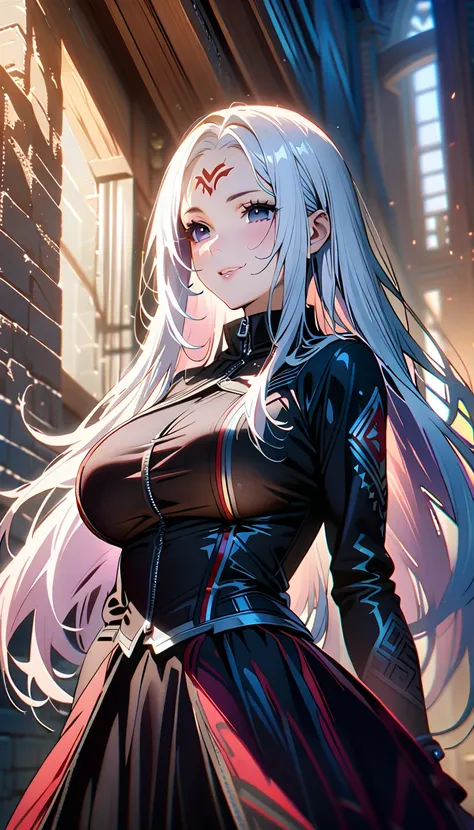 1girl,(very long white hair),(empty black eyes),(red cheeks),(cute smile),(dragon mark on her forehead),(black clothes),(big bre...