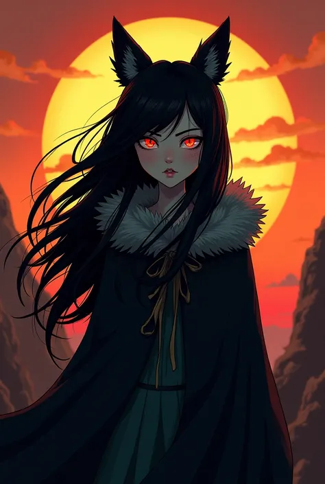 Dont Starve style, masterpiece, best quality, ultra-detailed, illustration, 1girl, black long hair, full red eyes, wolf ears, black mantle, fluffy collar, sunset